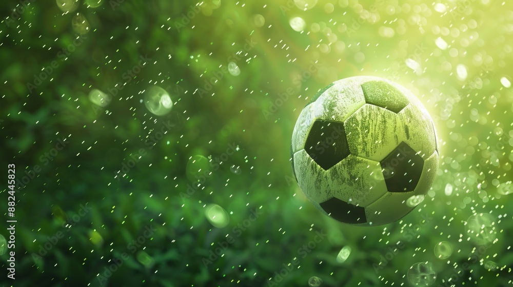 Naklejka premium A soccer ball is depicted amidst a lush green background, with rain droplets accentuating the scene, creating a perfect blend of sport and nature.