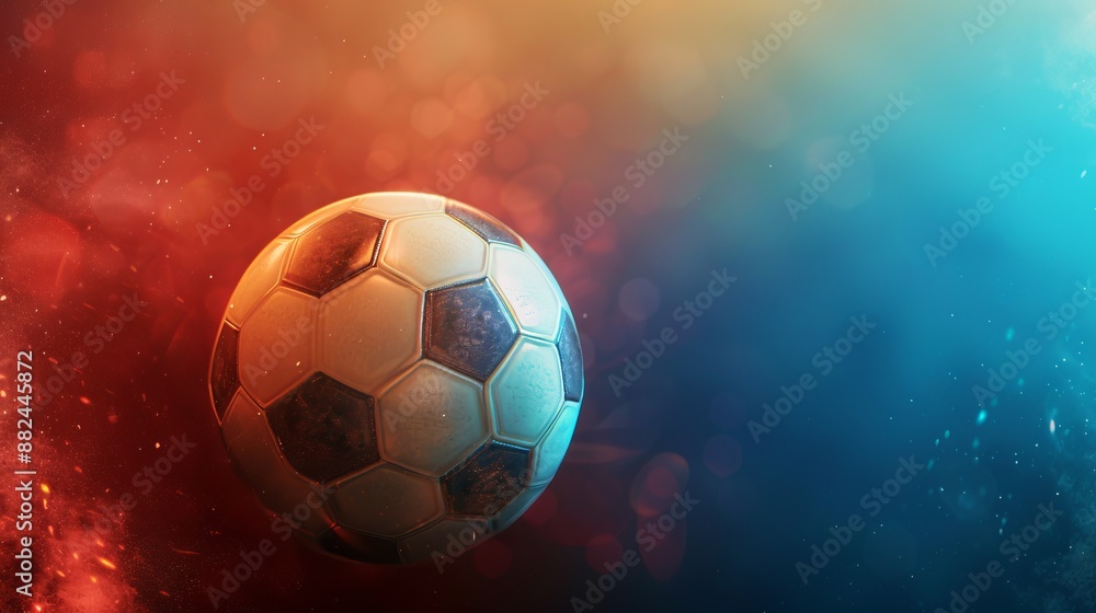 Obraz premium A soccer ball is captured in a striking contrast with a dynamic background featuring fiery hues on one side and cool blues on the other, symbolizing energy and balance.
