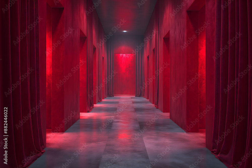 Mysterious Red Hallway with Dramatic Lighting Mysterious Red Hallway with Dramatic Lighting