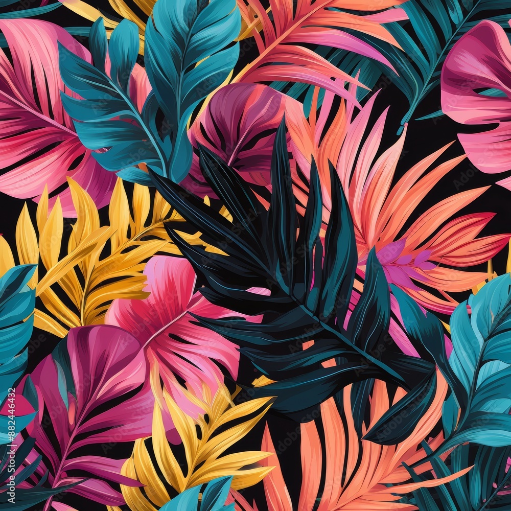 Vibrant tropical leaves of banana, palm, and monstera on a black background. Perfect for summer, beach, and tropical themes, textiles, packaging, creating a lively and exotic vibe