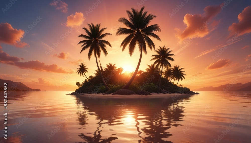 Tropical island with a palm tree at sunset. HDRI, environment map, Round panorama, spherical panorama, equidistant projection, panorama 360, seascape, 3d rendering Tropical island with a palm tree at sunset. HDRI, environment map, Round panorama, spherical panorama, equidistant projection, panorama 360, seascape, 3d rendering