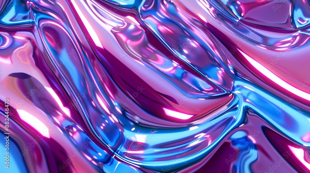 A vibrant abstract image featuring a metallic surface with flowing curves and the interplay of colors like pink and blue, creating smooth, reflective and captivating patterns.
