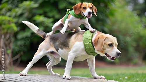 beagle jouant à saute mouton sur labrador zen photo