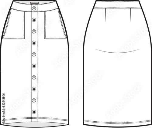 A technical fashion drawing for a straight skirt with buttons and pockets in the front and darts at the back.