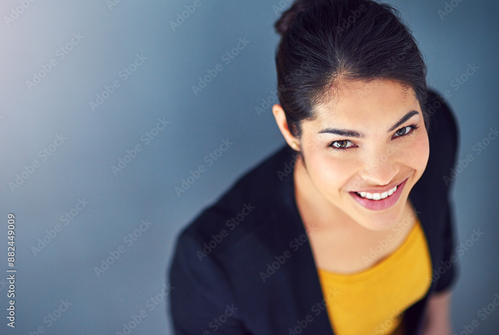 Portrait, business and woman in above studio with pride for professional career, lawyer or ambition of opportunity. Smile, female person and confident, legal consultant or law firm on blue background Portrait, business and woman in above studio with pride for professional career, lawyer or ambition of opportunity. Smile, female person and confident, legal consultant or law firm on blue background