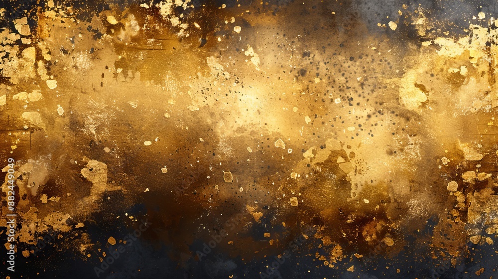 This image presents a cosmic scene with golden hues and abstract splatters, creating a stunning fusion of celestial and artistic elements, indicative of vast creativity and mystery.