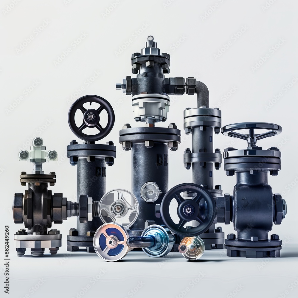 a group of modern shut-off valves of various designs for a gas pipeline isolated on white background. Generative AI a group of modern shut-off valves of various designs for a gas pipeline isolated on white background. Generative AI