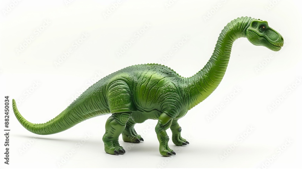 Fototapeta premium A realistic-looking green dinosaur toy with a long neck and tail, characteristic of a Brachiosaurus, standing on a plain white background with detailed texturing.