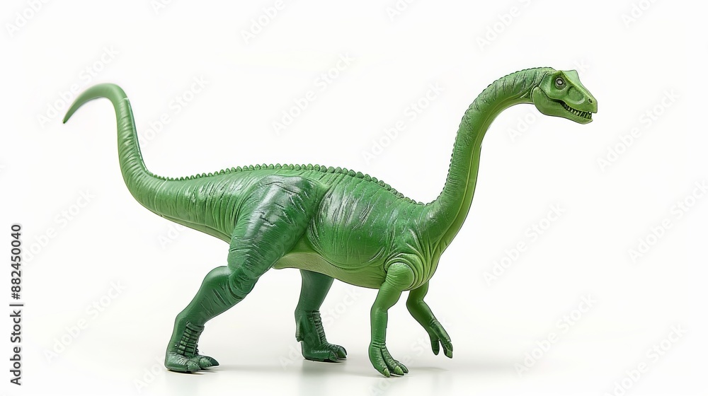 Obraz premium A green dinosaur toy with a long neck and tail is showcased, standing on a white background, highlighting its details, texture, and playful appeal for children.