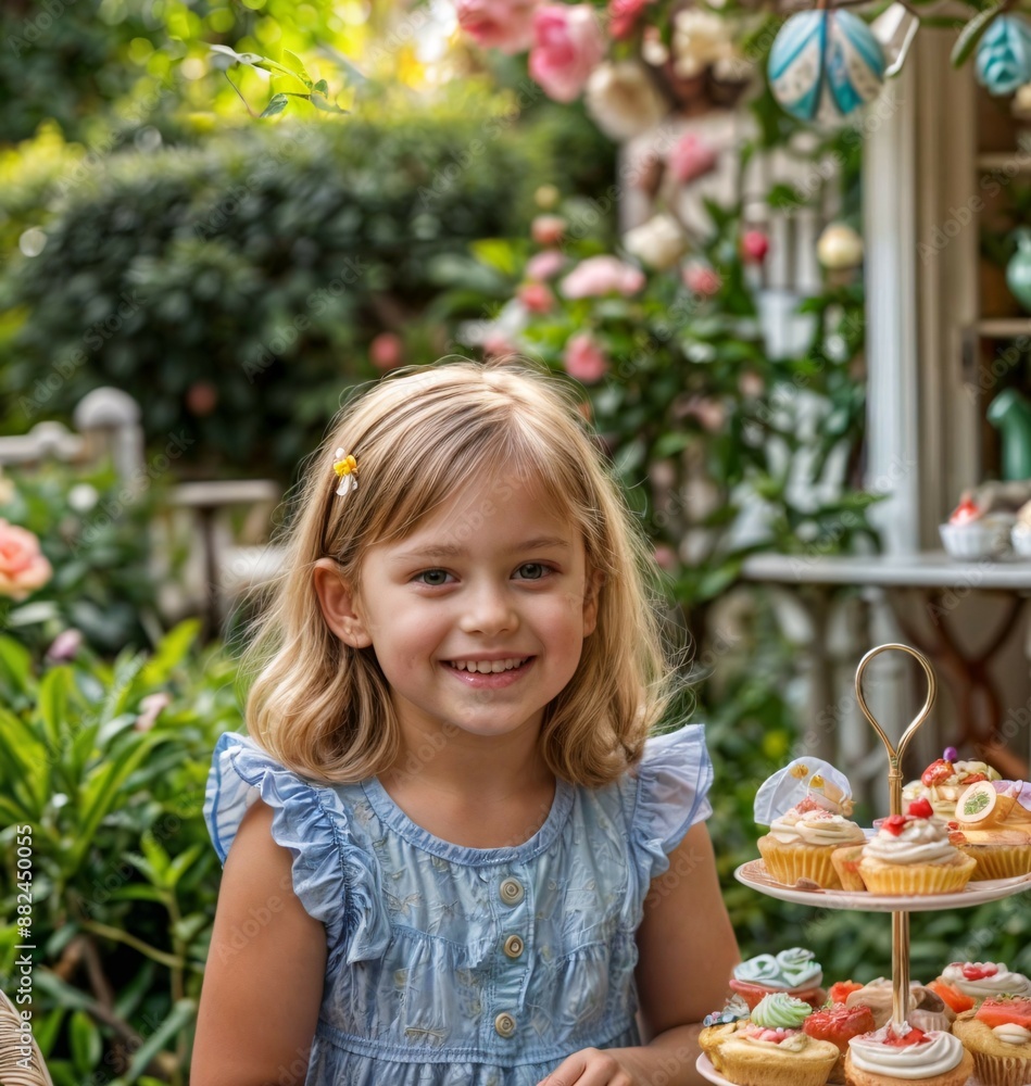 little girl at a cheerful tea party in the garden little girl at a cheerful tea party in the garden