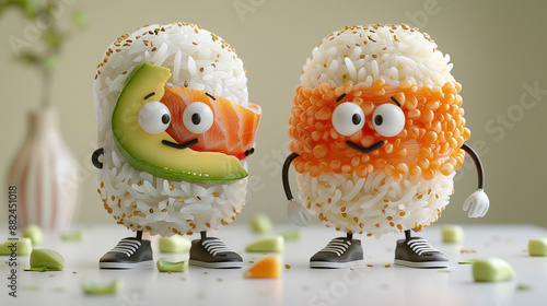 realistic photo 3d sushi hosomaki and uramaki character