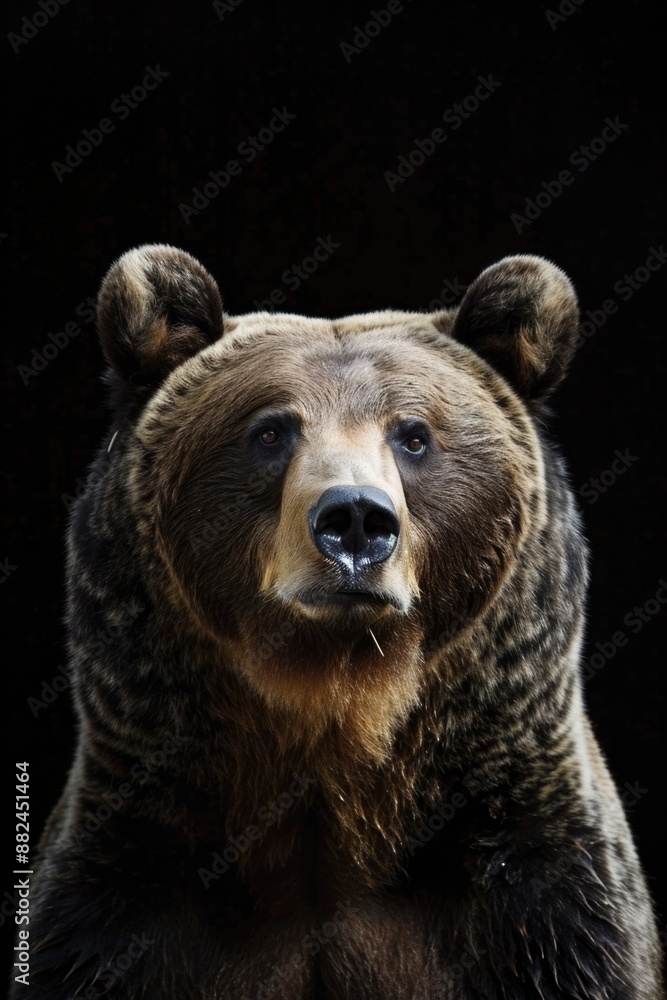 Fototapeta premium A large brown bear stands upright against a dark black background