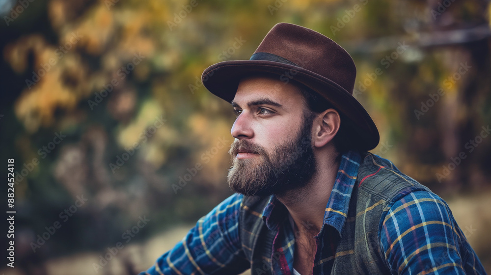 A man with a brown hat and beard is sitting in a field A man with a brown hat and beard is sitting in a field