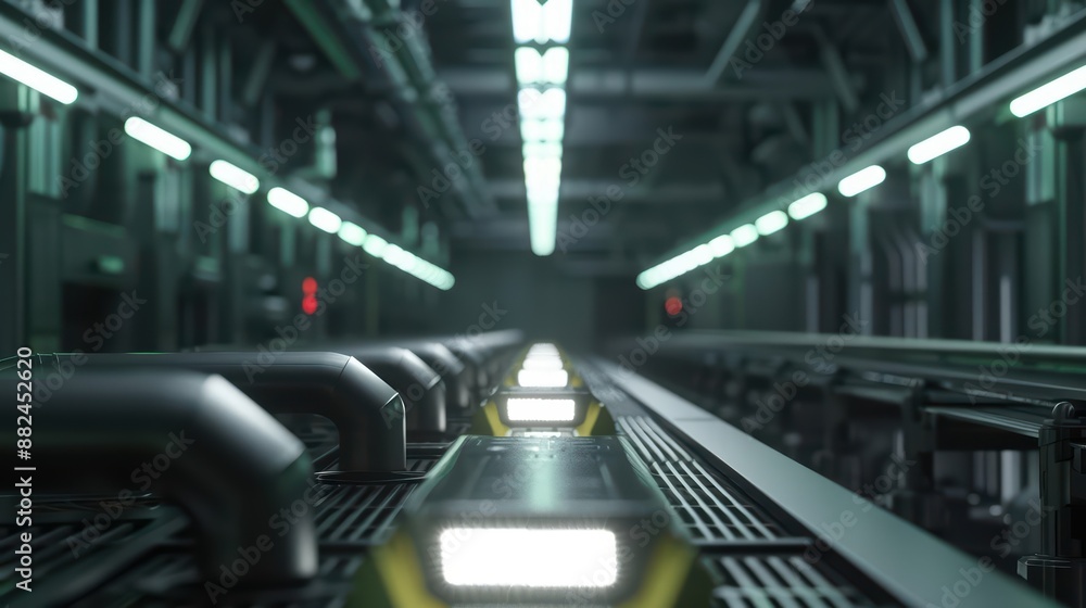 Fototapeta premium The assembly line transformed into a supernatural scene, with each station emitting a soft light as components seamlessly came together