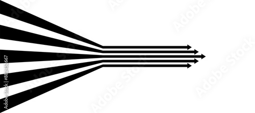 Black on white perspective line stripes arrow with 3d dimensional effect isolated on white