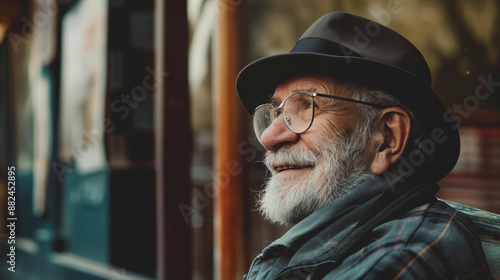 Old man in hat and glasses smiling