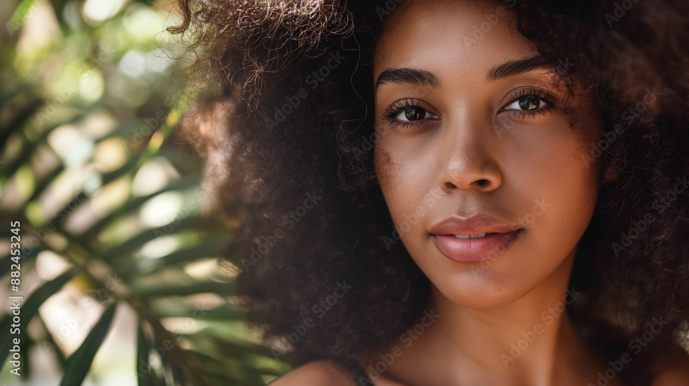 A woman with curly hair is standing in front of a leafy green plant A woman with curly hair is standing in front of a leafy green plant