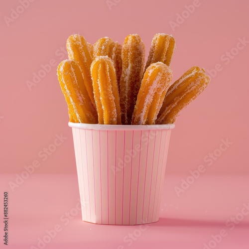 Delicious crispy churros in a pink striped paper cup on a pink background photo