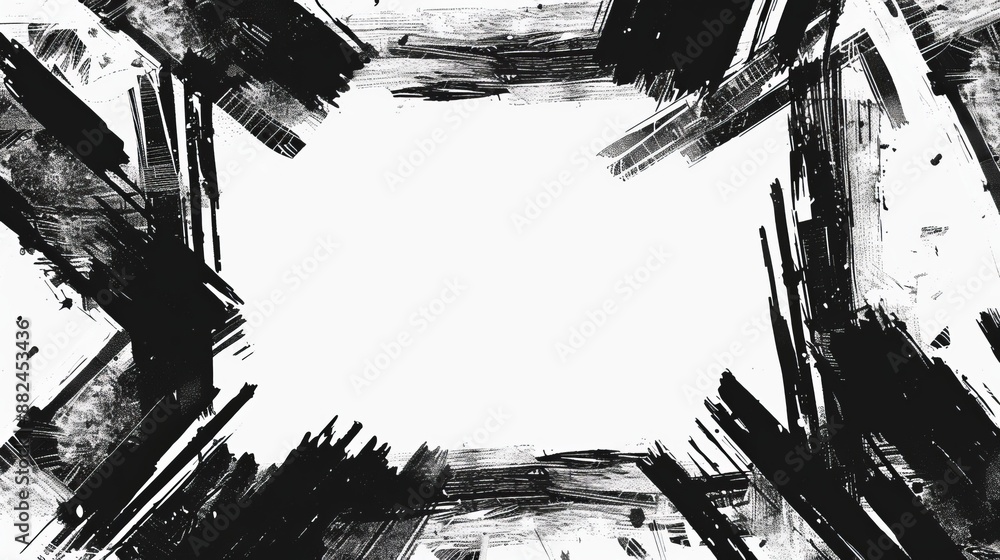 Fototapeta premium This image features an abstract design with black brush strokes radiating from the edges towards the center, creating a dynamic framed effect with a clean white center.