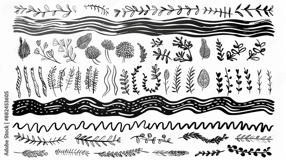 Fototapeta premium An assortment of plant and leaf line art illustrations along with wavy and squiggly patterns. This artwork is suitable for botanical, natural, and organic themed projects.