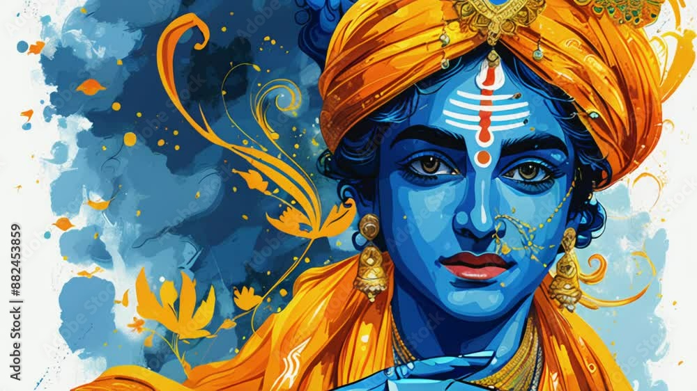 Hare Krishnas. Hindu male god or saint with blue skin, gold jewelry, colorful clothes and framed with colorful flowers Hare Krishnas. Hindu male god or saint with blue skin, gold jewelry, colorful clothes and framed with colorful flowers