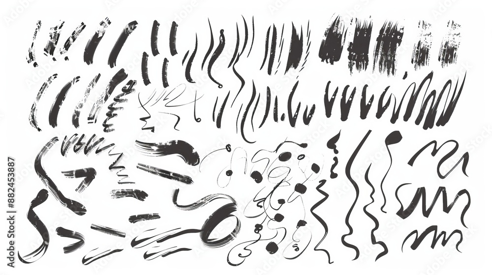 A collection of various abstract black brush and ink strokes arranged artistically in a black and white theme, showcasing different textures, intensities, and motions on a canvas. A collection of various abstract black brush and ink strokes arranged artistically in a black and white theme, showcasing different textures, intensities, and motions on a canvas.