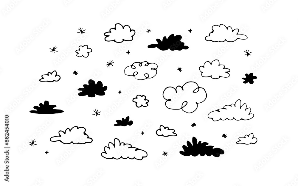 Fototapeta premium Hand drawn set of line drawing cloud and sparkle illustrations transparent background png