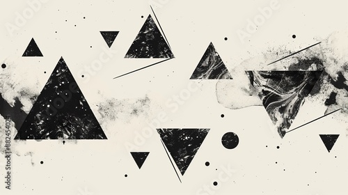 A black and white abstract design featuring triangles and dots with varying sizes and textures, creating a minimalist yet visually intriguing composition. photo