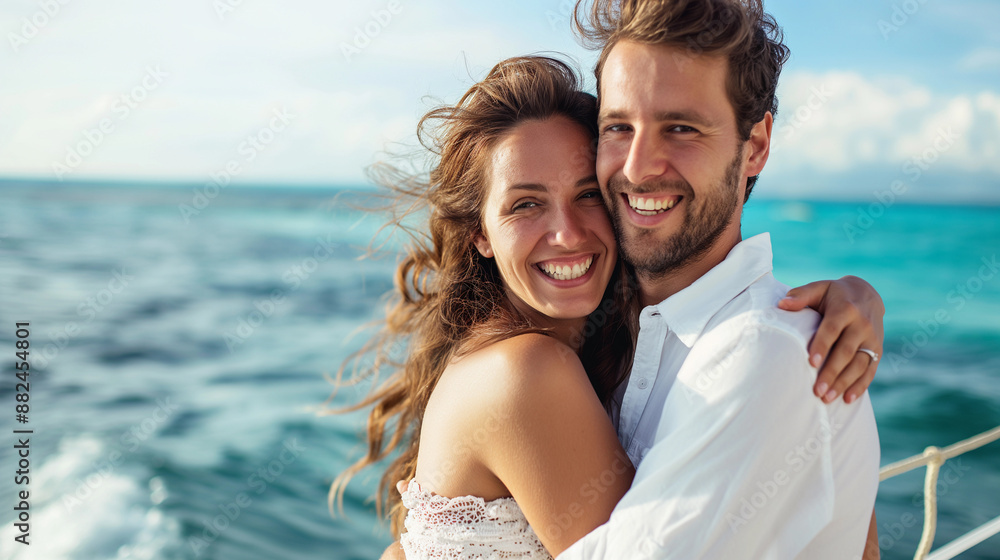 A couple is smiling and hugging on a boat in the ocean A couple is smiling and hugging on a boat in the ocean