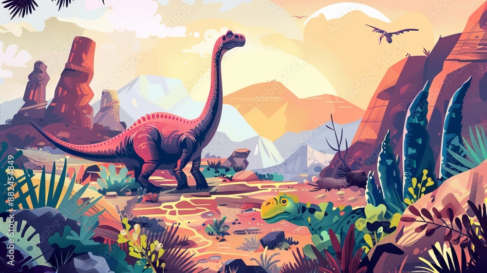 Obraz premium A vibrant prehistoric landscape featuring a prominent sauropod dinosaur amidst lush vegetation, rocky formations, and a dramatic sunset sky. Pterosaurs soar in the backdrop.