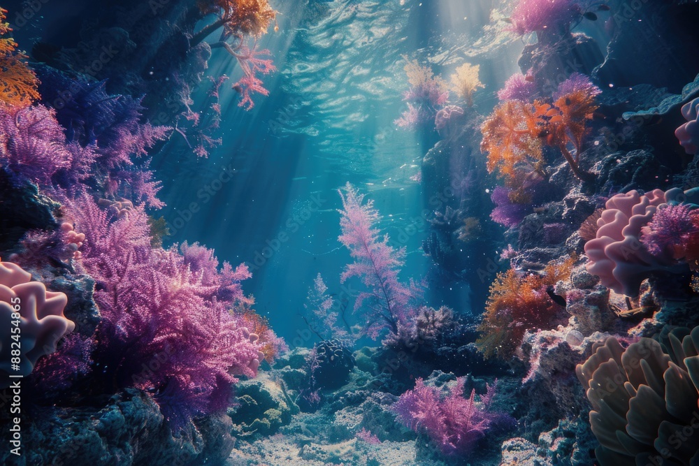 Underwater scene of a coral reef with sunlight shining through the water, ideal for use in illustrations about marine life, ocean conservation, or tropical vacations Underwater scene of a coral reef with sunlight shining through the water, ideal for use in illustrations about marine life, ocean conservation, or tropical vacations