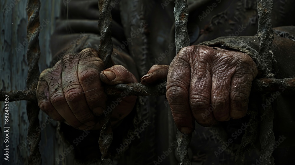 Worn, aged hands tightly gripping rusty iron bars, evoking a strong sense of confinement, hardship, and the passage of time within a prison or detention setting. Worn, aged hands tightly gripping rusty iron bars, evoking a strong sense of confinement, hardship, and the passage of time within a prison or detention setting.
