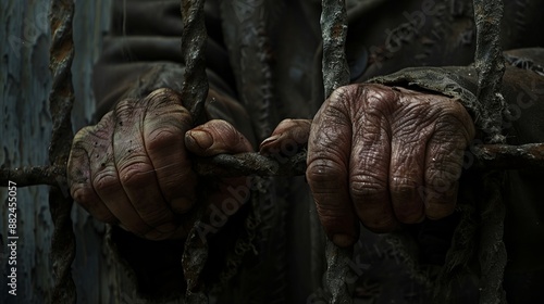 Worn, aged hands tightly gripping rusty iron bars, evoking a strong sense of confinement, hardship, and the passage of time within a prison or detention setting.