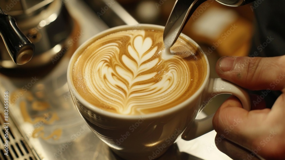 A barista skillfully pouring steamed milk into a cup of coffee, creating an intricate latte art pattern, demonstrating precision and artistic expression in coffee preparation. A barista skillfully pouring steamed milk into a cup of coffee, creating an intricate latte art pattern, demonstrating precision and artistic expression in coffee preparation.