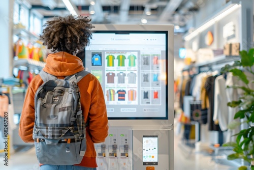 Young man browsing online catalog on interactive display in clothing store