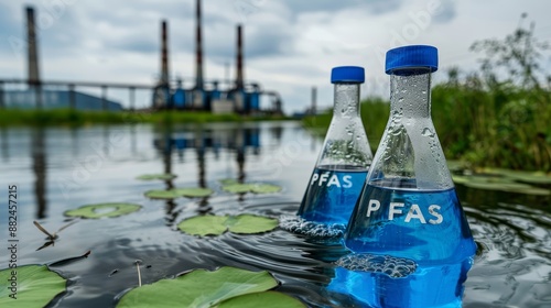 Laboratory flasks with water samples and pfas sign against factory chimneys in minimalist style