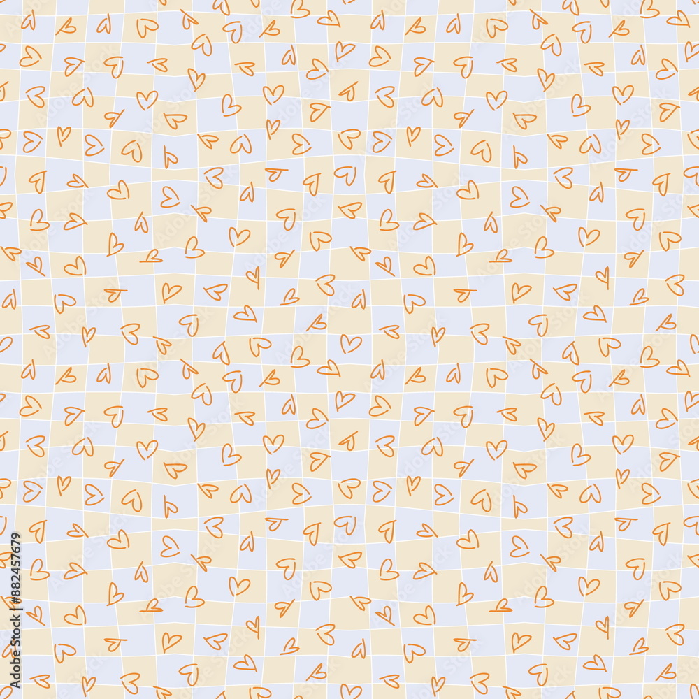 Checkered seamless background with simple hearts. Romantic groovy checkerboard pattern in 1970s style. Doodle illustration for decor and design. Checkered seamless background with simple hearts. Romantic groovy checkerboard pattern in 1970s style. Doodle illustration for decor and design.