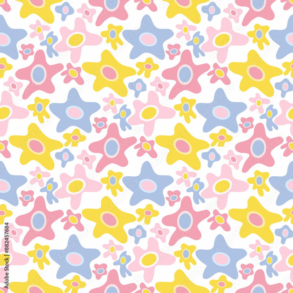 Groovy seamless pattern with abstract doodle flowers. Summer print for tee, paper, textile and fabric. Hand drawn illustration. Groovy seamless pattern with abstract doodle flowers. Summer print for tee, paper, textile and fabric. Hand drawn illustration.