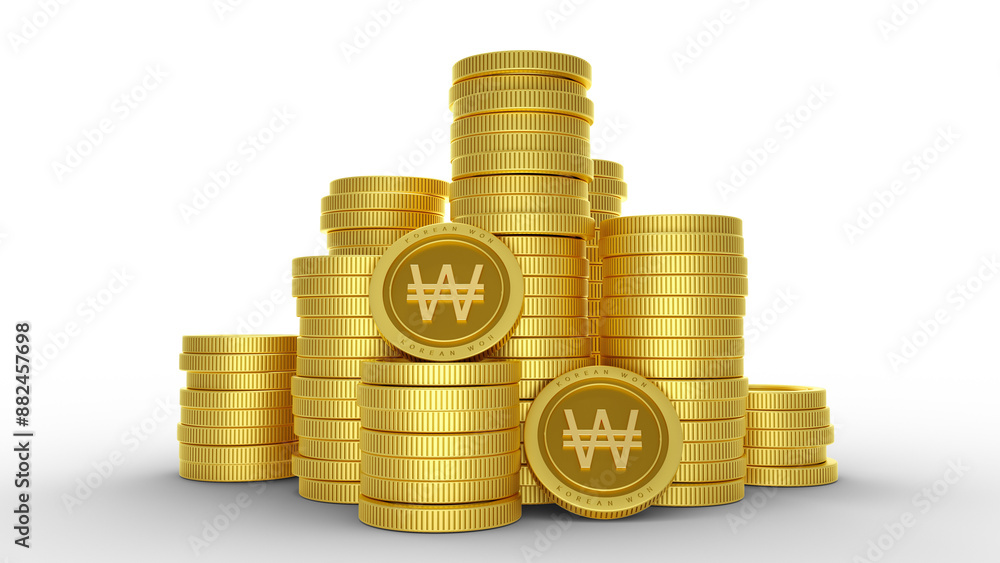 3D rendering of pile of abstract golden Korean won coins isolated on white background. 3D rendering of pile of abstract golden Korean won coins isolated on white background.