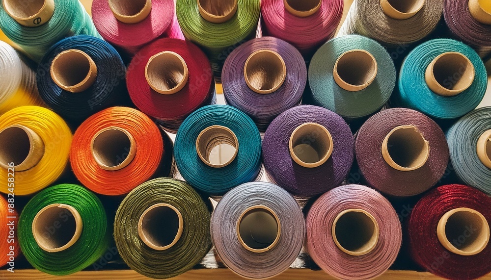 A vibrant set of spools of colorful thread in perfect harmony. Varied shades of colored thread spools on small cylinders in a festival of colors and creativity. A vibrant set of spools of colorful thread in perfect harmony. Varied shades of colored thread spools on small cylinders in a festival of colors and creativity.