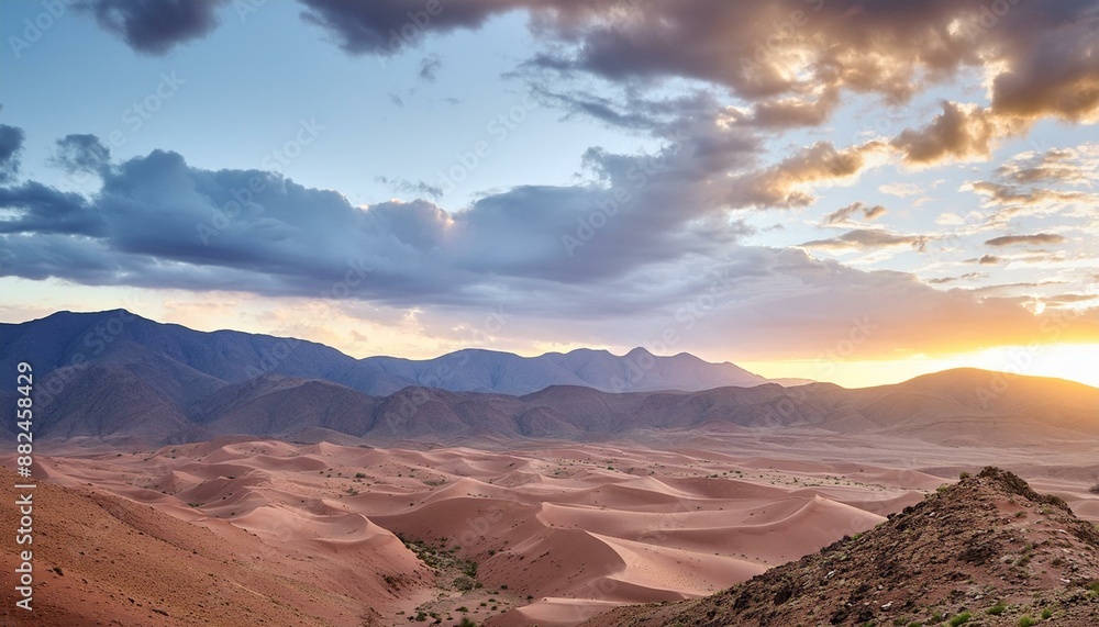 Fototapeta premium Cloudy sundown sky over hills and rocks in arid desert in evening in Morocco 