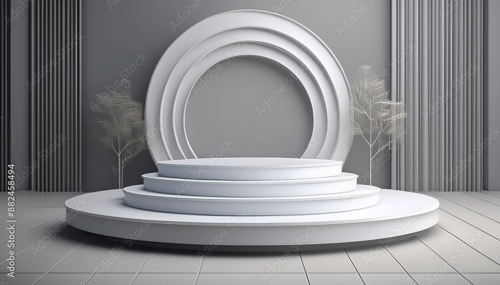 Elegant 3D White Podium Stacks on Gray Background, Modern Minimalist Product Display for Professional Showroom Elegant 3D White Podium Stacks on Gray Background, Modern Minimalist Product Display for Professional Showroom