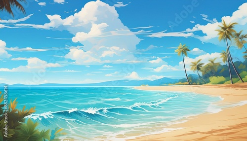 Illustration of a beach with serene ocean waters under a beautiful blue sky. Vast blue sea in a calm and relaxing color palette. 
