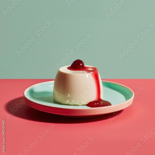 Creamy panna cotta dessert with cherry syrup on a pink and blue background photo