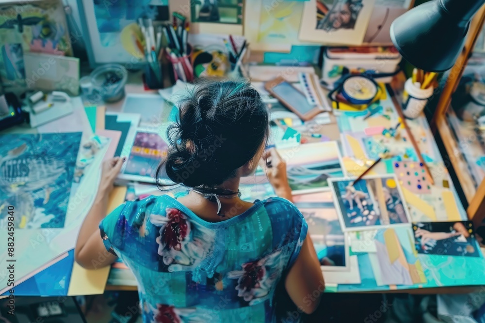 Woman Scrapbooking with Colorful Paper and Photos Woman Scrapbooking with Colorful Paper and Photos
