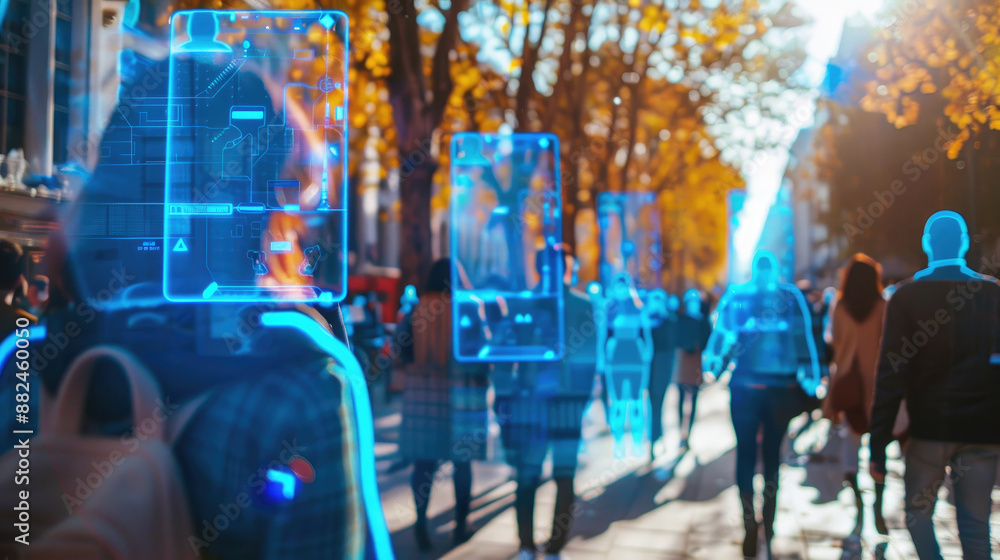 Crowd of people on street and data of biometric verification system ...