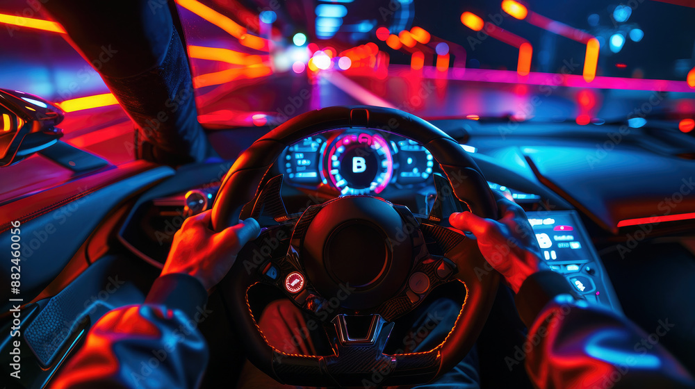 Glowing dashboard inside moving car at night, pov view of driver hands, wheel and windshield of modern interior. Concept of technology, design, drive, road, Glowing dashboard inside moving car at night, pov view of driver hands, wheel and windshield of modern interior. Concept of technology, design, drive, road,