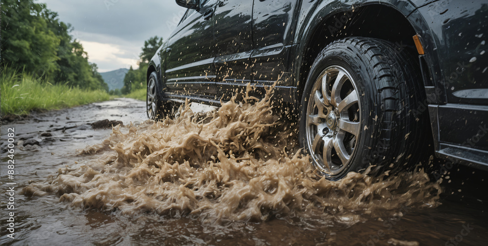 Close-up of a tire of a car on the road in wet road conditions that can affect handling and braking distance