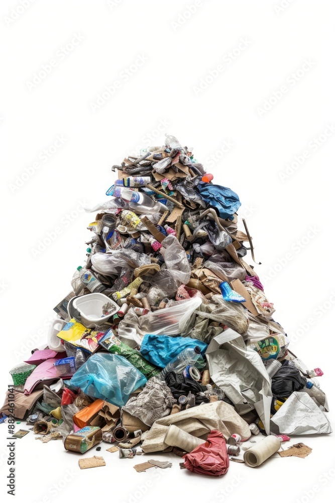A pile of trash sitting on a clean white surface, perfect for illustrations or backgrounds A pile of trash sitting on a clean white surface, perfect for illustrations or backgrounds