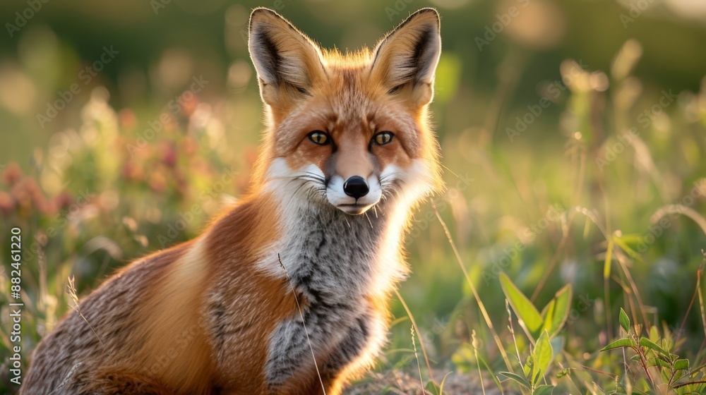 Red Fox in Grassy Field at Sunset. Red Fox in Grassy Field at Sunset.